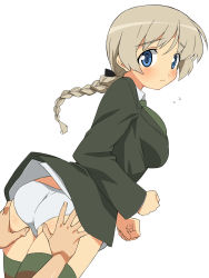 Rule 34 | 1girl, ass, ass grab, bad id, bad pixiv id, blue eyes, blush, braid, brown hair, dutch angle, hand on ass, highres, long hair, looking back, lynette bishop, panties, simple background, single braid, solo focus, strike witches, striped clothes, striped thighhighs, sweatdrop, thighhighs, tonbi, underwear, white panties, world witches series