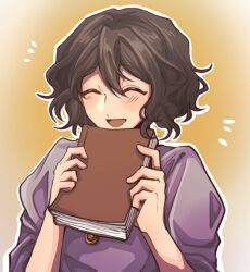 Rule 34 | 1girl, ^ ^, black hair, book, chinese commentary, closed eyes, commentary request, happy aura, highres, holding, holding book, open mouth, outline, purple shirt, saibou shinkyoku, shirt, short hair, short sleeves, smile, solo, upper body, white outline, yanagi nina, yiyan