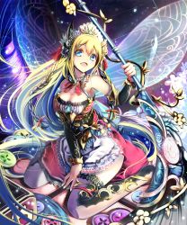 Rule 34 | 1girl, :d, blonde hair, blue eyes, braid, breasts, butterfly wings, cleavage, hair ornament, highres, holding, insect wings, long hair, looking at viewer, open mouth, original, shingoku no valhalla gate, sho (runatic moon), sitting, smile, solo, staff, twin braids, wings