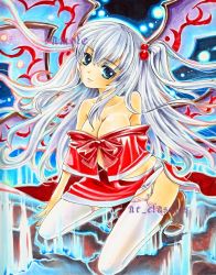 Rule 34 | 1girl, at classics, bad id, bad pixiv id, blue eyes, breasts, cleavage, female focus, hair bobbles, hair ornament, looking at viewer, marker (medium), mystic square, ribbon, sample watermark, shinki (touhou), side ponytail, silver hair, solo, thighhighs, touhou, touhou (pc-98), traditional media, watermark, wings