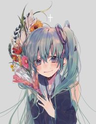 Rule 34 | 1girl, bad id, bad pixiv id, bare shoulders, blue eyes, blue hair, blush, bouquet, cross, crying, crying with eyes open, detached sleeves, flower, grey background, hatsune miku, highres, holding, holding flower, leaf, long hair, looking at viewer, no nose, orange flower, pink flower, purple flower, red flower, sad, simple background, solo, tears, twintails, upper body, very long hair, vocaloid, white flower, yamori shiki, yellow flower