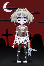 Rule 34 | 1girl, blood, bone, child, empty eyes, female focus, food, meat, miss-it-girl, moon, original, pantyhose, rabbit, school uniform, short hair, smile, solo, stuffed animal, stuffed toy, torn clothes, torn pantyhose, twintails, zombie