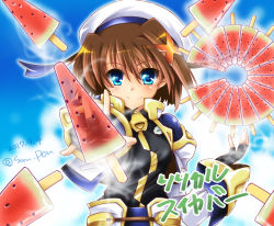 Rule 34 | 1girl, alternate weapon, aura, black gloves, black shirt, blue eyes, brown hair, closed mouth, commentary request, dated, fingerless gloves, floating, floating object, food, gloves, hair ornament, hat, jacket, long sleeves, looking at viewer, lyrical nanoha, magical girl, mahou shoujo lyrical nanoha, mahou shoujo lyrical nanoha a&#039;s, overskirt, popsicle, san-pon, shirt, short hair, smile, solo, standing, translated, transparent, twitter username, upper body, watermelon bar, weapon, white hat, white jacket, x hair ornament, yagami hayate, zipper pull tab