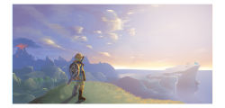 Rule 34 | 1boy, arrow (projectile), blonde hair, blue tunic, boots, brown footwear, cliff, commentary, dawn, earrings, framed, from behind, full body, gloves, grass, jewelry, landscape, link, looking away, male focus, master sword, naru116, nintendo, pants, pointy ears, ponytail, quiver, rock, shadow, shield, shield on back, solo, standing, sunlight, sword, the legend of zelda, the legend of zelda: breath of the wild, tree, tunic, volcano, weapon, weapon on back, wide shot