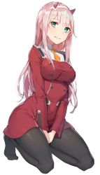 Rule 34 | 10s, 1girl, aqua eyes, black pantyhose, breasts, buttons, closed mouth, darling in the franxx, double-breasted, dress, feet, hairband, highres, horns, kneeling, large breasts, long hair, long sleeves, looking to the side, no shoes, orange neckwear, pantyhose, pink hair, red dress, rikoma, solo, straight hair, white background, zero two (darling in the franxx)