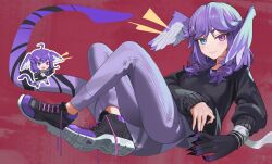 1girl ak-47 assault_rifle asymmetrical_arms black_shirt blue_eyes braid closed_mouth fang gun hair_ornament hairclip head_wings hechium heterochromia highres holding holding_weapon kalashnikov_rifle long_hair looking_at_viewer multiple_views nijisanji nijisanji_en pants purple_eyes purple_hair purple_pants reclining red_background rifle selen_tatsuki shirt shoes skin_fang tail twin_braids virtual_youtuber weapon wings