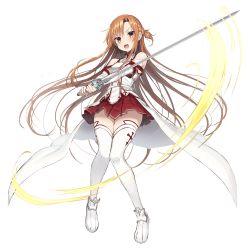 Rule 34 | 1girl, armor, asuna (sao), braid, breastplate, breasts, brown eyes, brown hair, cape, detached sleeves, floating hair, full body, hair between eyes, highres, holding, holding sword, holding weapon, long hair, long sleeves, looking at viewer, miniskirt, official art, open mouth, pleated skirt, red skirt, shiny skin, skirt, small breasts, solo, sword, sword art online, thighhighs, thighs, transparent background, very long hair, waist cape, weapon, white cape, white footwear, white sleeves, white thighhighs
