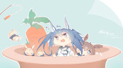 Rule 34 | 2girls, alternate animal ears, amiya (arknights), animal, animal ears, arknights, blaze (arknights), blue eyes, blue hair, blush, brown hair, rabbit, carrot, carrot on stick, chibi, chinese commentary, dated, hair between eyes, hairband, highres, jacket, long hair, mixed-language commentary, multiple girls, open mouth, rabbit ears, red hairband, rlonely zhuazi, signature, v-shaped eyebrows, very long hair, white jacket