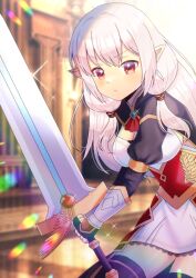 Rule 34 | 1girl, black gloves, black thighhighs, blurry, blurry background, breasts, cleavage, closed mouth, commentary request, commission, depth of field, dress, fingerless gloves, gloves, grey hair, holding, holding sword, holding weapon, juliet sleeves, kou hiyoyo, lace, lace-trimmed dress, lace trim, long hair, long sleeves, looking at viewer, medium breasts, original, pointy ears, puffy sleeves, red eyes, shrug (clothing), skeb commission, solo, sword, thighhighs, two-handed sword, v-shaped eyebrows, very long hair, weapon, white dress