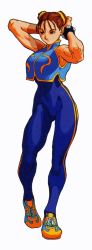 Rule 34 | 1990s (style), 1girl, absurdres, adjusting hair, alternate costume, armpits, arms behind head, arms up, bare shoulders, bengus, brown eyes, brown hair, capcom, chinese clothes, chun-li, cropped jacket, double bun, hair bun, hair ribbon, highres, muscular, official art, retro artstyle, ribbon, shoes, short hair, sneakers, solo, street fighter, street fighter zero (series), studded bracelet, unitard, x-men vs. street fighter, x-men vs street fighter