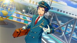 Rule 34 | 1boy, aircraft, airplane, blue hair, buttons, collared shirt, dark blue hair, dream travel (ensemble stars!), ensemble stars!, fushimi yuzuru, globe, gloves, happy elements, hat, headset, holding, holding suitcase, lapels, looking at viewer, male focus, military hat, mole, mole under eye, necktie, notched lapels, official art, open mouth, purple eyes, red necktie, shirt, short bangs, short hair, solo, suitcase, third-party source, tie clip, upper body, white gloves