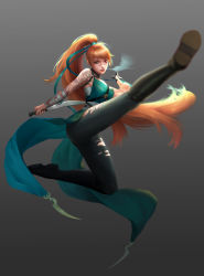 Rule 34 | 1girl, absurdres, arm tattoo, arm wrap, boots, full body, gradient background, grey background, heterochromia, highres, holding, holding knife, holding weapon, jing zhou, kicking, knife, kunai, long hair, looking at viewer, open mouth, orange hair, original, ponytail, purple eyes, scar, scar on face, scar on nose, sleeveless, smoke, solo, tattoo, torn clothes, torn legwear, weapon, yellow eyes