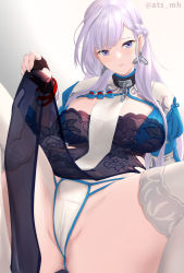 Rule 34 | 1girl, anus, anus peek, atsajh, azur lane, belfast (azur lane), belfast (iridescent rosa) (azur lane), braid, breasts, broken, broken chain, brown gloves, chain, china dress, chinese clothes, cleavage, commission, dress, earrings, fingerless gloves, french braid, gloves, heart, heart earrings, jewelry, large breasts, long hair, looking at viewer, official alternate costume, panties, pelvic curtain, purple eyes, see-through, skeb commission, solo, spread legs, string panties, thighhighs, underwear, white panties, white thighhighs