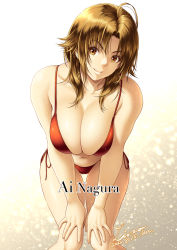 Rule 34 | 1girl, ahoge, artist name, bikini, breasts, brown eyes, brown hair, cleavage, closed mouth, collarbone, commentary request, dated, hands on own legs, large breasts, leaning forward, lioreo, looking at viewer, medium hair, navel, original, red bikini, side-tie bikini bottom, signature, smile, solo, swimsuit