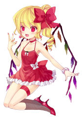 Rule 34 | 1girl, adapted costume, bare arms, bare shoulders, blonde hair, body blush, bow, choker, collarbone, dress, drill hair, fang, fishnet legwear, fishnets, flandre scarlet, full body, hair bow, halterneck, high heels, highres, minamura haruki, nail polish, open mouth, polka dot, red bow, red dress, red eyes, red nails, scrunchie, short dress, side ponytail, simple background, smile, solo, thigh strap, touhou, white background, wings, wrist scrunchie