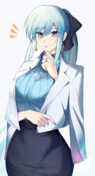 Rule 34 | 1girl, absurdres, alternate costume, black bow, black skirt, blue eyes, blue hair, blue lips, blue shirt, bow, braid, commentary, earrings, english commentary, fate/grand order, fate (series), hair bow, highres, jacket, jacket on shoulders, jewelry, light blue hair, lipstick, looking at viewer, makeup, morgan le fay (fate), necklace, ponytail, ring, shirt, shoyumagi, simple background, skirt, solo, surprised, triangle earrings, wedding ring, white background, white jacket