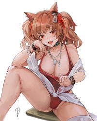 Rule 34 | 1girl, absurdres, angelina (arknights), angelina (summer flower) (arknights), animal ears, areola slip, arknights, bare shoulders, breasts, brown hair, clothes pull, commentary request, fox ears, hair between eyes, head rest, highres, infection monitor (arknights), knee up, lan xiezi, large breasts, long hair, looking at viewer, off shoulder, official alternate costume, one-piece swimsuit, one-piece swimsuit pull, red eyes, red one-piece swimsuit, simple background, sitting, smile, solo, swimsuit, swimsuit cover-up, thigh strap, thighs, twintails, white background