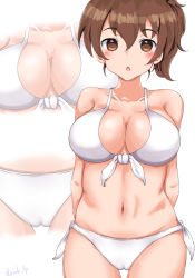Rule 34 | 1girl, :o, arms behind back, bikini, breasts, brown eyes, brown hair, cameltoe, cleavage, commentary, front-tie bikini top, front-tie top, fuyunoyukino, girls und panzer, koyama yuzu, large breasts, looking at viewer, multiple views, navel, one-hour drawing challenge, open mouth, short hair, short ponytail, side-tie bikini bottom, simple background, standing, swimsuit, twitter username, white background, white bikini