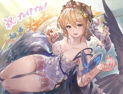 Rule 34 | 1girl, :d, bare shoulders, blonde hair, blue eyes, breasts, bug, butterfly, cape, cleavage, dress, europa (granblue fantasy), flower, granblue fantasy, hair flower, hair ornament, bug, large breasts, looking at viewer, official art, open mouth, short dress, short hair, smile, solo, strapless, strapless dress, tiara, veil, water, wings