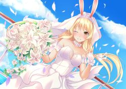 Rule 34 | 1girl, animal ears, azur lane, bad id, bad pixiv id, bare shoulders, benson (azur lane), blonde hair, bouquet, breasts, bride, brown eyes, cleavage, dress, fake animal ears, flower, formal, highres, holding, holding bouquet, jewelry, long hair, looking at viewer, medium breasts, one eye closed, ornate ring, parted lips, rabbit ears, ring, smile, solo, trend kill, wedding band, wedding dress, wedding ring