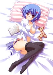 Rule 34 | 1girl, absurdres, bed, black pantyhose, blue hair, blue panties, blush, breast hold, breasts, brown eyes, clothes pull, coming x humming, dress shirt, frilled pillow, frills, glasses, hair ornament, hairclip, highres, legs, lying, moribe (rabumanyo), no bra, notebook, panties, pantyhose, pantyhose pull, pillow, shirt, solo, striped clothes, striped panties, stuffed animal, stuffed giraffe, stuffed toy, takatoo suzuka, underwear