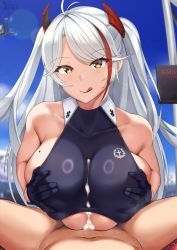 Rule 34 | 1boy, 1girl, :q, after ejaculation, after paizuri, ahoge, azur lane, black gloves, blue sky, breasts, closed mouth, commission, cum, cum in clothes, cum on body, cum on breasts, cum on upper body, drone, gloves, hair ornament, hetero, iron blood (emblem), large breasts, lens flare, licking lips, long hair, looking at viewer, mole, mole on breast, multicolored hair, official alternate costume, outdoors, paizuri, paizuri under clothes, pov, pov crotch, prinz eugen (azur lane), prinz eugen (final lap) (azur lane), red hair, sky, smile, solo focus, streaked hair, tongue, tongue out, two side up, white hair, yellow eyes, yua (argaoffroad)