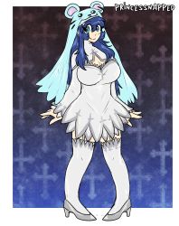 Rule 34 | + +, 1girl, absurdres, animal ears, animal hat, aqua eyes, artist name, blue eyes, blue hair, border, breasts, cleavage, cross, curvy, digimon, dress, eyelashes, fake animal ears, female focus, full body, gradient background, hat, high heels, highres, large breasts, looking at viewer, nun, patterned background, princessnapped, shiny clothes, sistermon ciel, smile, solo, standing, symbol-shaped pupils, thighhighs, white border, white dress, white thighhighs, wide sleeves