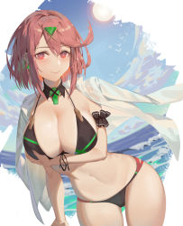 Rule 34 | 1girl, absurdres, arm under breasts, armlet, bikini, black bikini, breasts, bright pupils, cleavage, earrings, front-tie top, gluteal fold, highres, jewelry, kray. (k-ray), large breasts, outdoors, pyra (xenoblade), red eyes, red hair, short hair, sky, solo, swept bangs, swimsuit, tiara, water, xenoblade chronicles (series), xenoblade chronicles 2