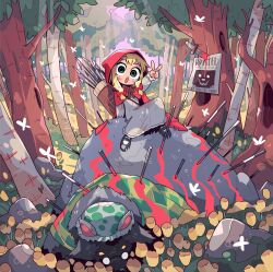 Rule 34 | 1girl, arrow (projectile), big bad wolf, black footwear, blank eyes, blonde hair, blood, bug, butterfly, carles dalmau, death, dress, flower, forest, girl on top, green eyes, grimm&#039;s fairy tales, hat, highres, hood, injury, insect, little red riding hood, little red riding hood (grimm), long hair, looking at viewer, nature, quiver, red hood, rock, sitting, tree, twintails, v, wanted, yellow eyes