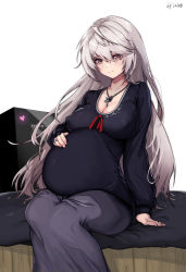 Rule 34 | 1girl, absurdres, alternate breast size, arm support, artist name, bed, bedside, black shirt, breasts, brown eyes, cleavage, commentary, commission, counter:side, covered erect nipples, dot nose, english text, grey hair, grey skirt, hair between eyes, hand on own stomach, heart, highres, hilde (counter:side), jewelry, laduga, large breasts, long hair, long skirt, long sleeves, looking at viewer, machine-g.a.p., necklace, pregnant, ring, shirt, sitting, skirt, smile, very long hair, white background