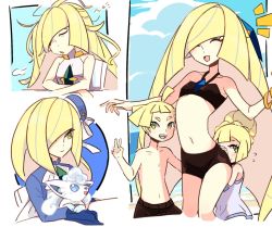 Rule 34 | 1boy, 2girls, aged down, alolan form, alolan vulpix, bare shoulders, blonde hair, bracelet, breasts, commentary request, creatures (company), game freak, gen 7 pokemon, gladion (pokemon), green eyes, holding, holding pokemon, jewelry, lillie (pokemon), long hair, lusamine (pokemon), messy hair, mother and daughter, mother and son, multiple girls, multiple views, mur mu mu, nail polish, navel, nintendo, open mouth, pokemon, pokemon (anime), pokemon (creature), pokemon sm049, pokemon sm146, pokemon sm (anime), small breasts, smile, swimsuit, very long hair, yellow nails