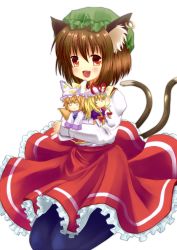 Rule 34 | 1girl, :d, animal ears, black pantyhose, brown hair, cat ears, cat girl, cat tail, character doll, chen, earrings, fang, female focus, geso (nekomachi), holding, jewelry, multiple tails, open mouth, pantyhose, short hair, simple background, sitting, smile, snowflakes, solo, tail, touhou, yakumo ran, yakumo yukari
