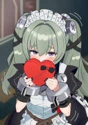 1girl absurdres box corin_wickes covering_own_mouth green_hair heart-shaped_box highres holding holding_box looking_at_viewer maid maid_headdress ng1sh8 purple_eyes solo twintails valentine variant_set zenless_zone_zero