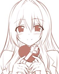 Rule 34 | 1girl, blush, box, candy, chocolate, chocolate heart, commentary request, food, happy, heart, heart-shaped box, lab coat, long hair, looking at viewer, monochrome, ore twintail ni narimasu, simple background, sketch, smile, solo, twoearle, valentine, white background, yuto (dialique)