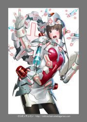Rule 34 | 1girl, absurdres, bad id, bad pixiv id, blush, brown eyes, brown hair, clipboard, floating, glowing, highres, holding, holding clipboard, liquid, million chain, nurse, official art, open mouth, short hair, skirt, solo, syringe, teeth, tongue, upper teeth only, white skirt, yoshimura ken&#039;ichirou
