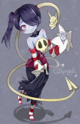 Rule 34 | 1girl, atage, bare shoulders, black hair, blue skin, blush, breasts, character name, colored skin, detached collar, detached sleeves, hair over one eye, leviathan (skullgirls), long hair, long skirt, red eyes, revision, side ponytail, skirt, skull, skullgirls, small breasts, smile, socks, solo, squigly (skullgirls), stitched mouth, stitches, striped clothes, striped legwear, striped sleeves, striped socks, zombie