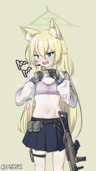 Rule 34 | 1girl, animal ears, artist name, black choker, blonde hair, blue archive, blue skirt, bra, breasts, choker, clothes lift, commentary, doombreak, fang, fox ears, fox girl, gloves, green background, green eyes, green gloves, green halo, gun, hair between eyes, halo, highres, holster, kurumi (blue archive), lifted by self, long hair, long sleeves, looking at viewer, microphone, miniskirt, navel, open mouth, pink bra, puffy long sleeves, puffy sleeves, shirt, shirt lift, simple background, skirt, small breasts, solo, sweat, thigh holster, twitter username, underwear, weapon, white shirt