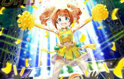 Rule 34 | 1girl, armband, armpits, blush, brown hair, choker, confetti, cropped shirt, dot nose, elbow gloves, gloves, glowstick, green ribbon, hair ribbon, headset, highres, holding, holding glowstick, holding pom poms, idolmaster, idolmaster (classic), idolmaster million live!, idolmaster million live! theater days, kiwikobo, long hair, midriff, miniskirt, navel, open mouth, outstretched arms, pom pom (cheerleading), pom poms, ribbon, round teeth, shirt, skirt, smile, solo, spotlight, stage, stage lights, standing, sweat, takatsuki yayoi, teeth, thighhighs, twintails, white thighhighs, yellow armband, yellow choker, yellow gloves, yellow shirt, yellow skirt, zettai ryouiki