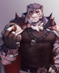 Rule 34 | 1boy, animal ears, arknights, bandaged hand, bandages, bara, black tank top, chain necklace, chest tuft, covered abs, covered erect nipples, cowboy shot, da luode, furry, furry male, hand on own hip, highres, holding, large pectorals, male focus, mountain (arknights), muscular, muscular male, necklace, pants, pectorals, sad, scar, scar across eye, scar on face, short hair, shoulder spikes, solo, spikes, tank top, thick eyebrows, tiger boy, tiger ears, white fur, white hair, white pants