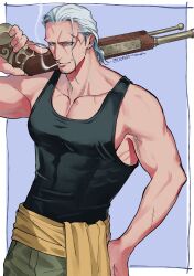 Rule 34 | 1boy, absurdres, bara, benn beckman, black tank top, blue background, cigarette, collarbone, covered abs, earrings, facial hair, green pants, grey hair, gun, hair slicked back, hand on own hip, highres, holding, holding gun, holding weapon, jewelry, letterboxed, looking at viewer, male focus, momoh jiyucho, muscular, muscular male, one piece, pants, pectoral cleavage, pectorals, scar, scar on face, shirt, short hair, sidepec, smile, smoking, tank top, v-taper, veins, veiny arms, weapon, yellow eyes