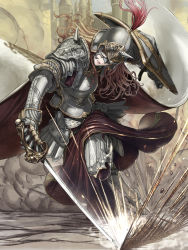 Rule 34 | 1girl, armor, armored boots, blue eyes, boots, breastplate, brown hair, cape, castle, clenched teeth, commentary request, dust cloud, fantasy, faulds, female knight, full armor, gauntlets, helmet, highres, holding, holding sword, holding weapon, knight, long hair, looking at viewer, original, parted lips, plate armor, plume, running, sabaton, saber (weapon), sheath, shield, shisshou senkoku, shoulder armor, solo, sparks, sword, teeth, unsheathed, waist cape, weapon