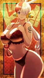 Rule 34 | 1girl, arm tattoo, behind-the-head headphones, bra, breasts, closed mouth, curvy, didd ley, dress, hair over one eye, headphones, highres, large breasts, low twintails, multicolored hair, navel, one piece, one piece film: red, panties, purple eyes, red bra, red hair, red panties, smile, solo, split-color hair, stomach, tattoo, thick thighs, thighs, twintails, two-tone hair, underwear, underwear only, uta (one piece), v-shaped eyebrows, white hair, wide hips