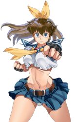 Rule 34 | 1girl, belt, black gloves, blue eyes, blue sailor collar, blue skirt, bow, breasts, brown belt, brown hair, clenched hands, cowboy shot, crop top, cropped, fingerless gloves, fingernails, gloves, grey panties, hair bow, hair ribbon, highres, looking at viewer, m.u.g.e.n, medium breasts, midriff, miniskirt, navel, oggy (oggyoggy), original, panties, pantyshot, pleated skirt, ponytail, punching, ribbon, ryuko (oggyoggy), sailor collar, school uniform, serafuku, serious, skirt, solo, standing, thighs, toned, transparent background, underwear, wind, wind lift, yellow bow, yellow ribbon