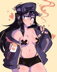 Rule 34 | 1girl, breasts, cassette girl, cigarette, covered erect nipples, friday night funkin&#039;, groin, hat, highleg, highleg panties, jacket, marbletoken, medium breasts, newgrounds, panties, pasties, revealing clothes, shorts, smoking, solo, tagme, tape, tape on nipples, underwear, v