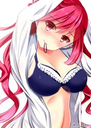 Rule 34 | 1girl, akine (kuroyuri), arms up, black bra, bra, breasts, cleavage, hands in hair, highres, large breasts, long hair, looking at viewer, rasis, red eyes, red hair, shirt, simple background, solo, sound voltex, sound voltex ii infinite infection, topless, underwear, upper body, white background, white shirt