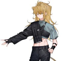 Rule 34 | 1girl, abs, animal ears, arknights, black gloves, black nails, black pants, blonde hair, closed mouth, commentary request, cowboy shot, crop top, fingerless gloves, gloves, grey shirt, hand on own hip, highres, lion ears, lion girl, lion tail, long hair, looking at viewer, midriff, molu stranger, pants, ponytail, shirt, siege (arknights), siege (city destroyer) (arknights), simple background, single sleeve, solo, tail, white background, wristband, yellow eyes