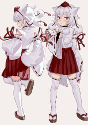 Rule 34 | 1girl, animal ears, artist name, bare shoulders, black gloves, blush, bridal gauntlets, brown footwear, commentary, detached sleeves, elbow gloves, extra ears, fkey, full body, gloves, grey background, hair between eyes, hands on own hips, hat, highres, inubashiri momiji, leg up, long sleeves, looking at viewer, multiple views, pleated skirt, pointing, pointing at self, pom pom (clothes), profile, red eyes, red ribbon, red skirt, ribbon, ribbon-trimmed legwear, ribbon-trimmed sleeves, ribbon trim, sandals, shirt, short hair, signature, silver hair, simple background, skirt, standing, standing on one leg, tail, tassel, thighhighs, thighs, tokin hat, touhou, white shirt, white thighhighs, wide sleeves, wolf ears, wolf tail, zettai ryouiki