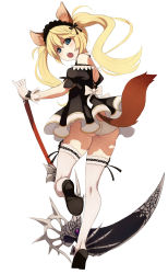 Rule 34 | 1girl, :o, animal ears, apron, ass, blonde hair, blue eyes, blush, bow, breasts, caee penguin, chestnut mouth, elin, from behind, gloves, high heels, highres, long hair, looking at viewer, looking back, maid, maid apron, maid headdress, open mouth, panties, scythe, simple background, solo, symbol-shaped pupils, tail, tera online, thighhighs, twintails, underwear, white background, white panties, white thighhighs