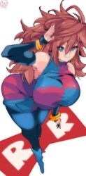 Rule 34 | 1girl, android 21, blue eyes, bracelet, breasts, brown hair, dragon ball, dragon ball (classic), highres, jewelry, kinakomochi (user vedc2333), large breasts, long hair, looking at viewer, salute, sleeveless, solo, white background