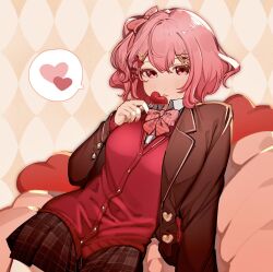 Rule 34 | 1girl, absurdres, bow, bowtie, brown jacket, brown skirt, candy, eating, food, hair ornament, hairclip, heart, heart-shaped lollipop, highres, indie utaite, jacket, lollipop, long sleeves, nqrse, nyannyan 321, pink eyes, pink hair, pink vest, shaped lollipop, short hair, skirt, solo, tongue, tongue out, vest